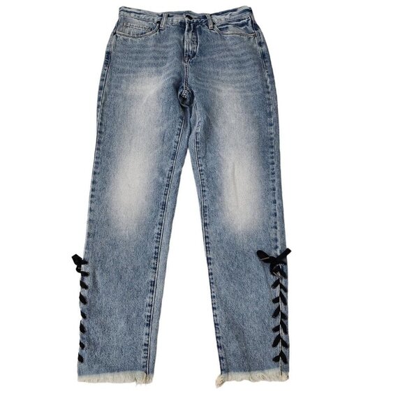 Blanknyc Jeans Womens 27 Blue High Rise Tapered Lace Up Raw Hem Denim Boho - Picture 3 of 14